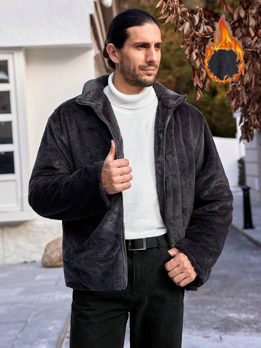 Manfinity Homme 男式超大号法兰绒拉链夹棉大衣 - 深灰色 - 查看 1