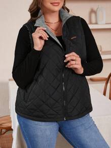 SHEIN LUNE 加大碼teddy內裡拼接夾棉背心外套,帶拉鍊和側袋設計,適合女性 - 深灰色 - 查看 5