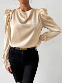 Chiquease 純色羊腿袖垂領襯衫 - 杏色 - 查看 4