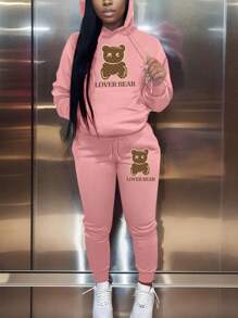 SHEIN Cartoon Pattern Hoodie With Kangaroo Pocket And Sweatpants Two Piece Set - Dusty Pink - View 1