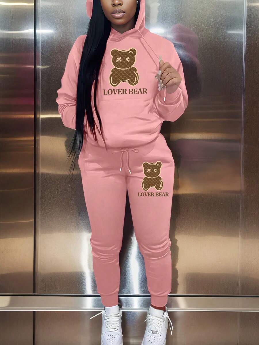 SHEIN Cartoon Pattern Hoodie With Kangaroo Pocket And Sweatpants Two Piece Set - Dusty Pink - View 1