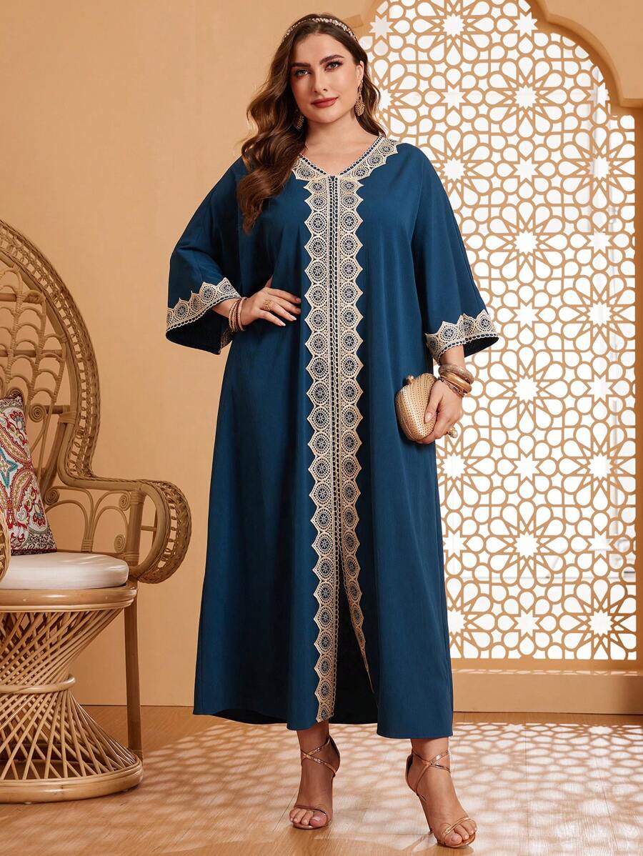 Al Najma 大尺碼刺繡編織腰帶拼接波浪袖裙