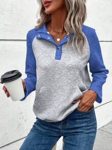 SHEIN LUNE 女款插肩袖拼色運動衫 - 霧霾藍 - 查看 1