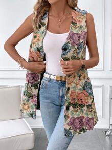 SHEIN Clasi Button Up Floral Brocade Vest Coat - Multicolor - View 6