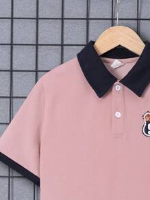 Boys' Loose Fit Casual Color Block Polo Shirt With Turn-Down Collar And Letters Patch, Short Sleeve - Pink - View 3