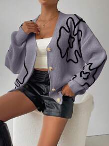 SHEIN Frenchy Của phụ nữ In hoa Thả vai Áo len Mở Với Mở Mặt trước - Xám - Xem 5