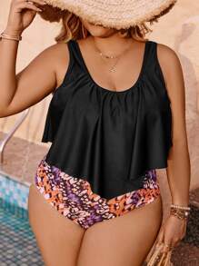 Swim Lushoire 大尺碼女式印花一片式泳衣,雙肩帶 - 彩色 - 查看 1