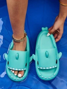 卡通鯊魚造型開趾厚底拖鞋，防滑沙灘浴室拖鞋，女士鯊魚拖鞋 - 綠色 - 查看 1