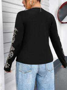 Flirla Của phụ nữ Kích thước lớn Mặt trước Sự tréo nhau Dây đeo Hoa văn chữ thập Tay áo dài Áo thun - màu đen - Xem 2