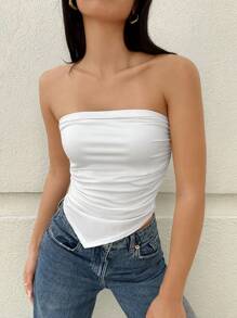 SHEIN Essnce Plus Size Women's Autumn Casual Fashion Slim Fit White Asymmetric Hem Gathered Tube Top, Going Out Tops, Fall Women Clothes, Curv Tops