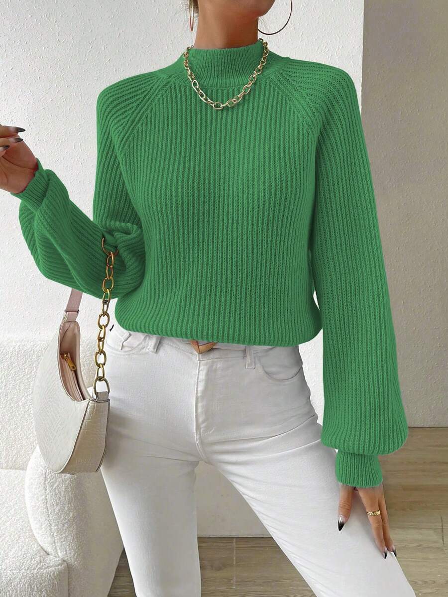 SHEIN Essnce Của phụ nữ Đứng cổ áo Raglan Tay áo dài Áo len Áo chui đầu - màu xanh lá - Xem 1
