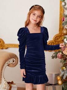 女童針織純色短毛絨方領羊腿袖百褶連身裙 - 藏蓝色 - 查看 1