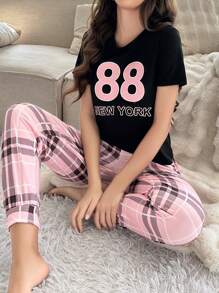 Conjunto De Pijama Para Mujer Con Pantalón De Cuadros, Mangas Cortas Y Estampado De Letras