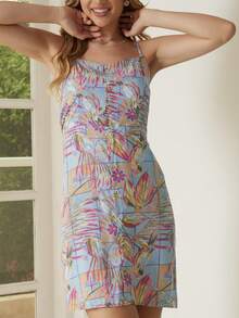 Bản in nhiệt đới Váy Dây - Màu xanh lam - Xem 5