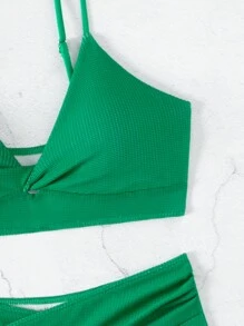 SHEIN Swim 夏季纯色扭纹比基尼套装 - 綠色 - 查看 7