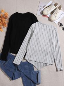 SHEIN Girls' Ribbed Knit Solid Color Multi-Piece T-Shirt - Multicolor - View 2