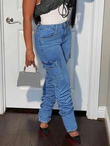 Flap Pocket Side Stacked Jeans - Medium Wash - View 5