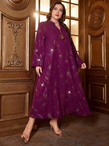 Al Najma Plus Size Women'S Long Sleeve Dress With Gold Stamped Floral Print