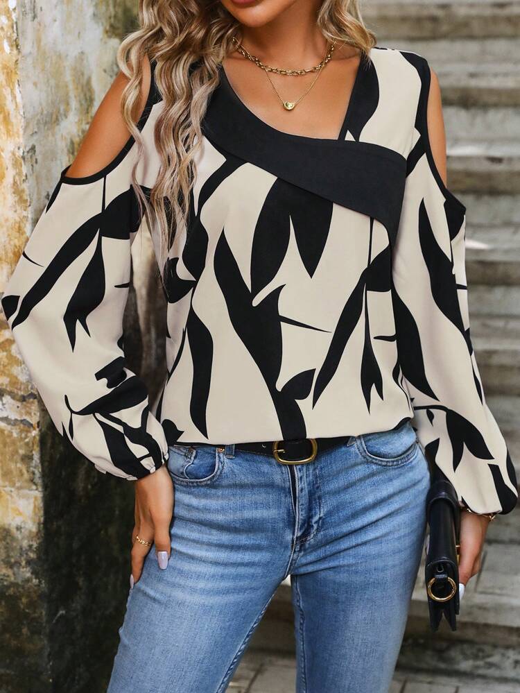 Hollow Out Shoulder Lantern Sleeve Blouse
