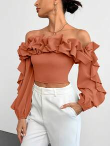 SHEIN Privé 露肩荷葉邊褶皺襯衫配燈籠袖 - 珊瑚橙 - 查看 6