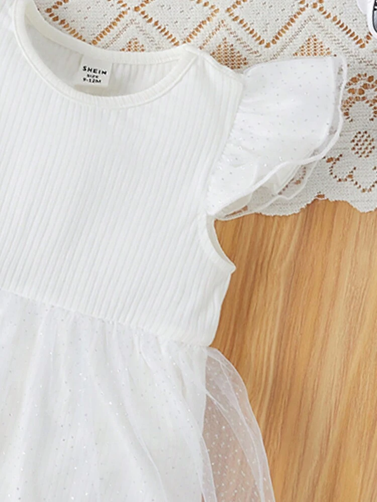 Baby Girls' Leisure Knitted Plain Mesh Panel Open Crotch Bodysuit With Headband 4pcs Set