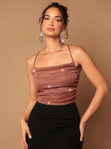 SHEIN BAE Draped Crisscross Backless Ruched Glitter Cami Top - Orange - View 5