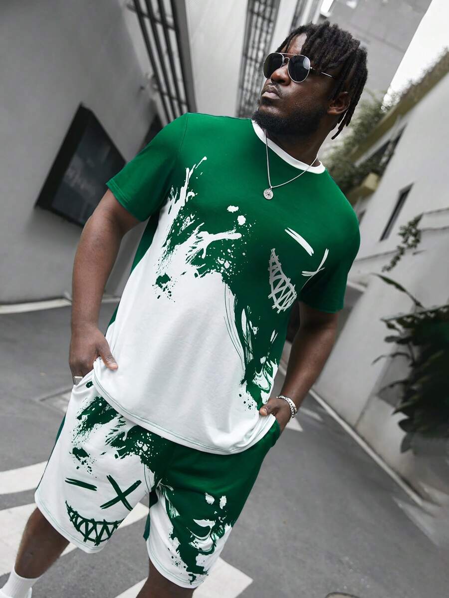 Manfinity VCAY 男士大尺碼笑臉印花短袖 T 恤和短褲套裝