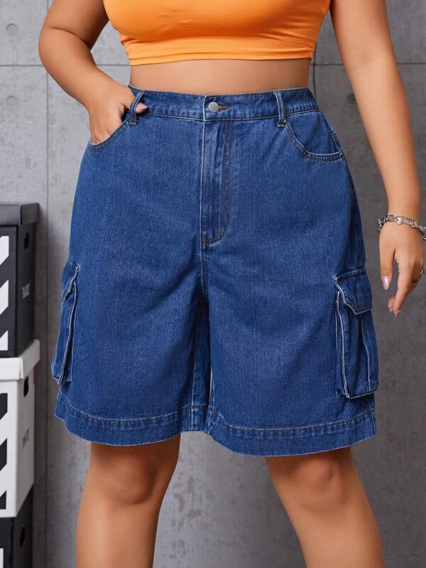 SHEIN ICON Women's Plus Size Flip Pocket Denim Shorts