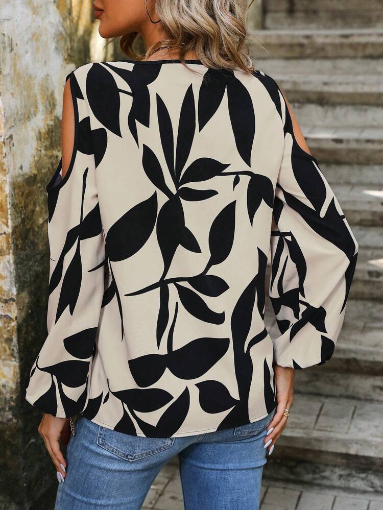 Hollow Out Shoulder Lantern Sleeve Blouse