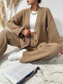 EURMUSE Drop Shoulder Cardigan & Knit Pants - Khaki - View 4