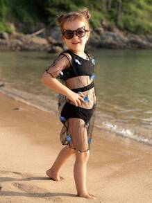 SHEIN 3 pièces Maillot de bain décontracté rayé à large fosse séparée pour jeune fille et charmant cache-maillot de papillon en maille