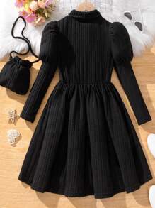 少女高領黑色羊肚袖針織肋紋連衣裙和肩袋 - 黑色 - 查看 2