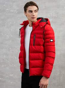 RueChic Men Zip Up Drawstring Hooded Puffer Coat - Red - View 1
