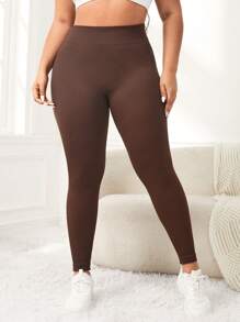 Yoga Basic Plus Size Sport Shaping High Waist Yoga Pants - Coffee Brown - View 4