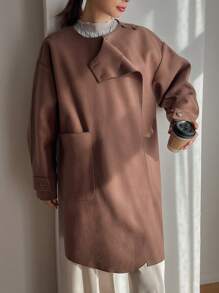 FRIFUL 女式無領口大衣,配有口袋 - 米色 - 查看 6