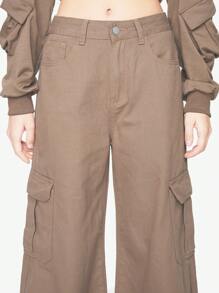 ROMWE Grunge Punk 宽腿 Maillard 牛仔裤，配有实用口袋和宽松版型 - 卡其色 - 查看 6