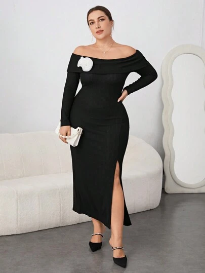 SHEIN Privé 大尺碼女士露肩高衩長裙