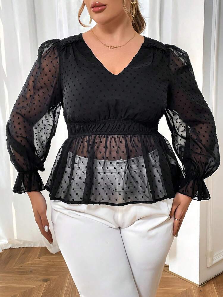 Plus Size Women'S Polka Dot Mesh Blouse
