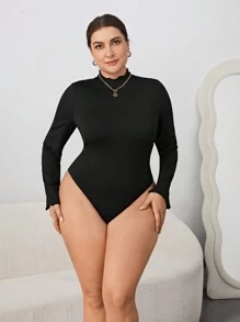SHEIN Privé Kích thước lớn Đứng cổ áo Tay áo dài Áo liền quần chặt - màu đen - Xem 1