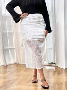SHEIN Privé Plus Size Elastic Waist Side Lace Overlay Skirt - White - View 1