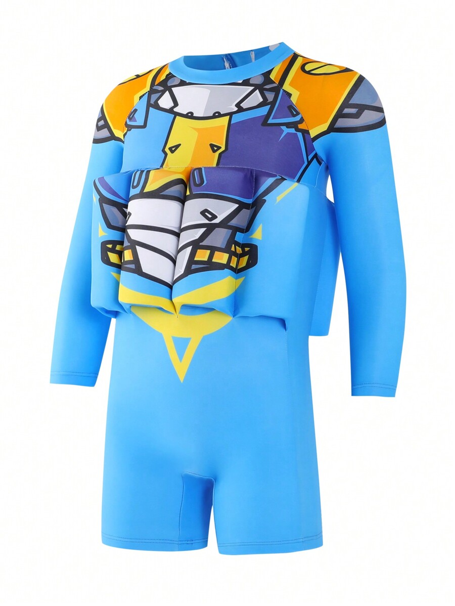 Young Boy Cartoon Printed Long Sleeve OnePiece Flotation Swimsuit for