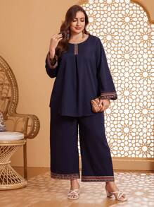 Al Najma Kích thước lớn In Nối Hai chiếc Bộ - Màu xanh hải quân - Xem 4