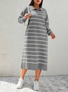 EURMUSE Plus Size Women's Striped Shawl Collar Sweater Dress - Light Grey - View 1