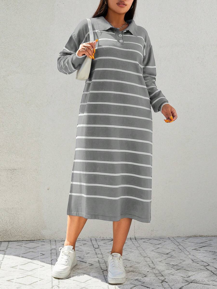 EURMUSE Plus Size Women's Striped Shawl Collar Sweater Dress - Light Grey - View 1
