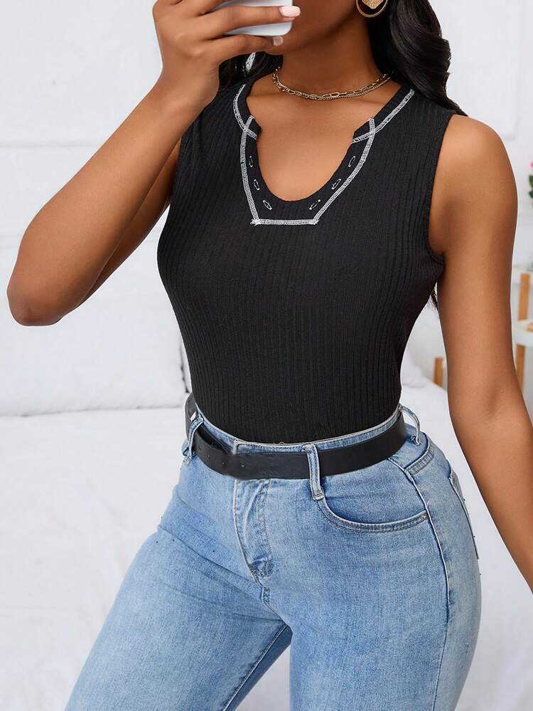 Contrast Stitching Notched Collar Sleeveless Top