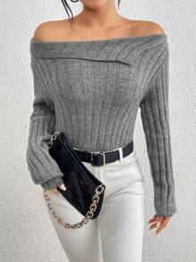 Chiquease Women's Off Shoulder Drop Shoulder Knit Pullover Fall Winter Sweater - Grey - View 3