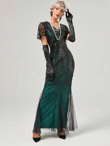 Vestido largo estilo vintage con cola de pez, patchwork de malla y lentejuelas