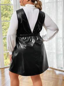 SHEIN Privé Talla Grande Camiseta De Manga Larga Con Cuello De Pie Y Vestido De PU En General De Doble Bolsillo 2 Piezas/set - Blanco y Negro - Ver 2