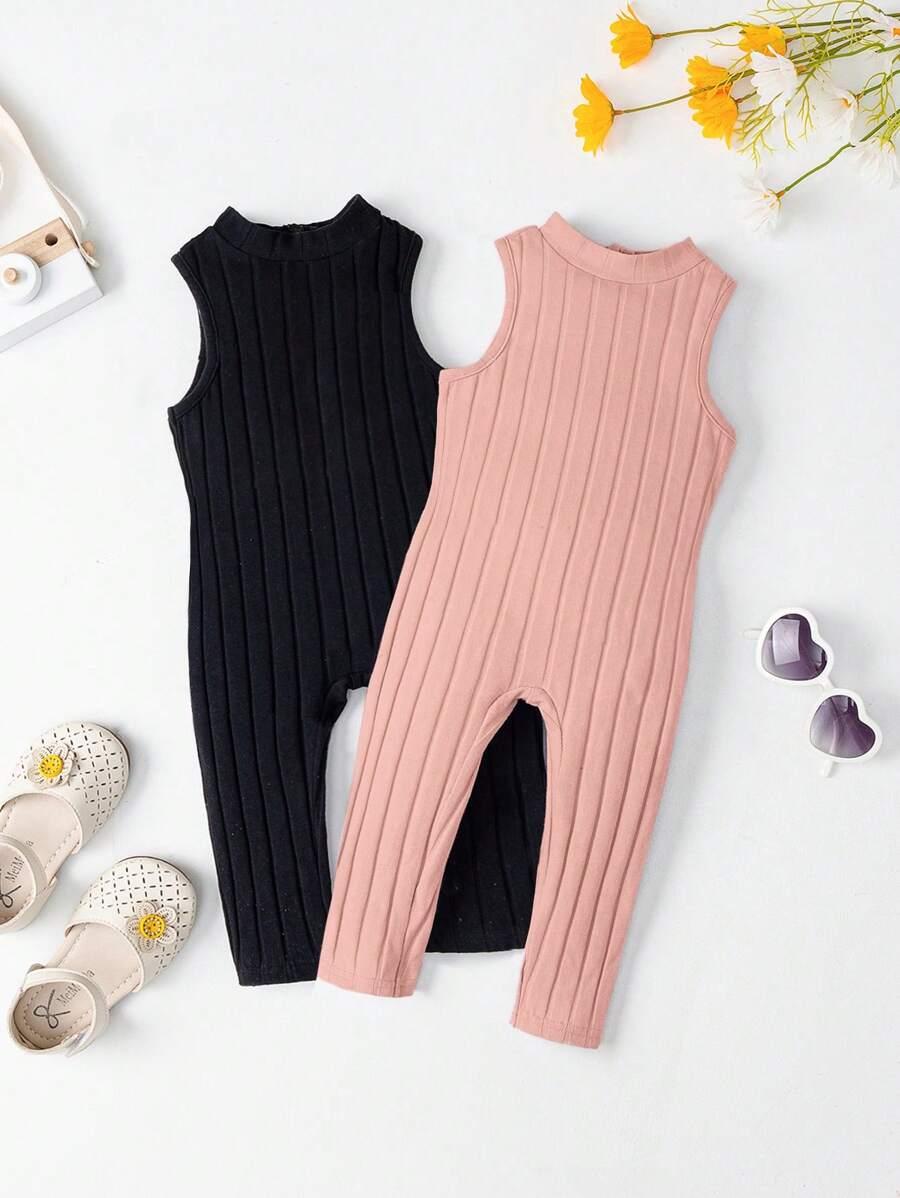 Baby Girl 2pcs Ribbed Knit Tank Jumpsuit - Baby Pink - View 1