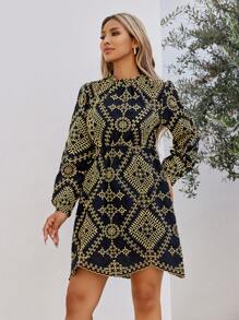 GENKIRA Ladies' Floral Print Stand Collar Long Sleeve Dress Fall Cloth For Women - Yellow - View 3